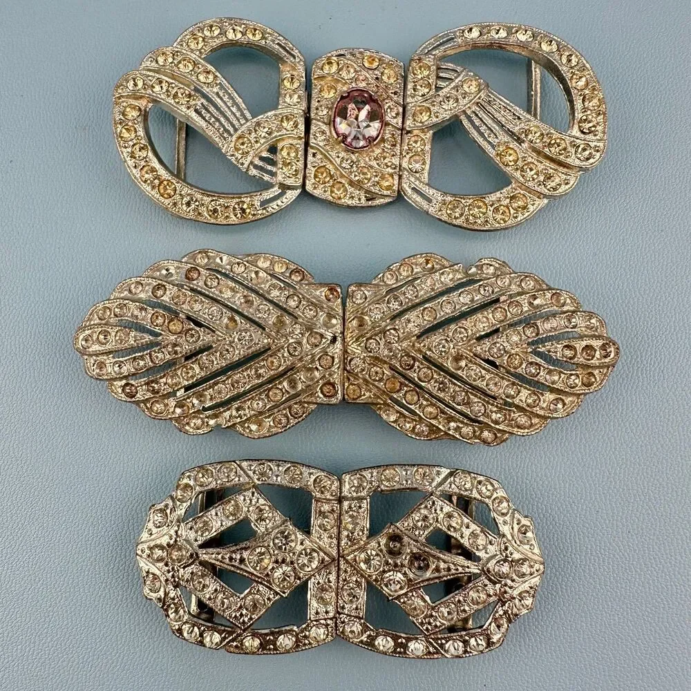 Antique Art Deco Nouveau Interlocking Belt Buckle Lot Clear Rhinestone Pot Metal